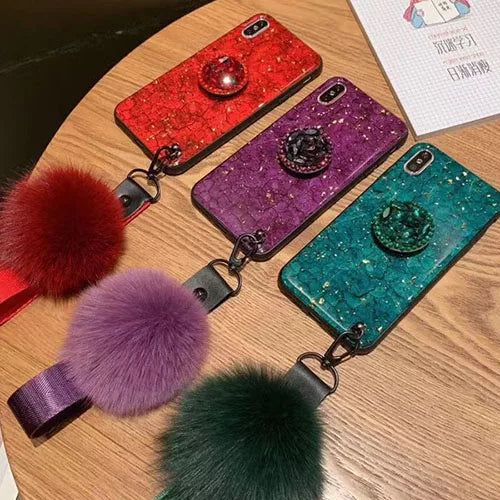 iPhone Marble Diamond Crystal Case With Pop Socket & Strap Pom Pom