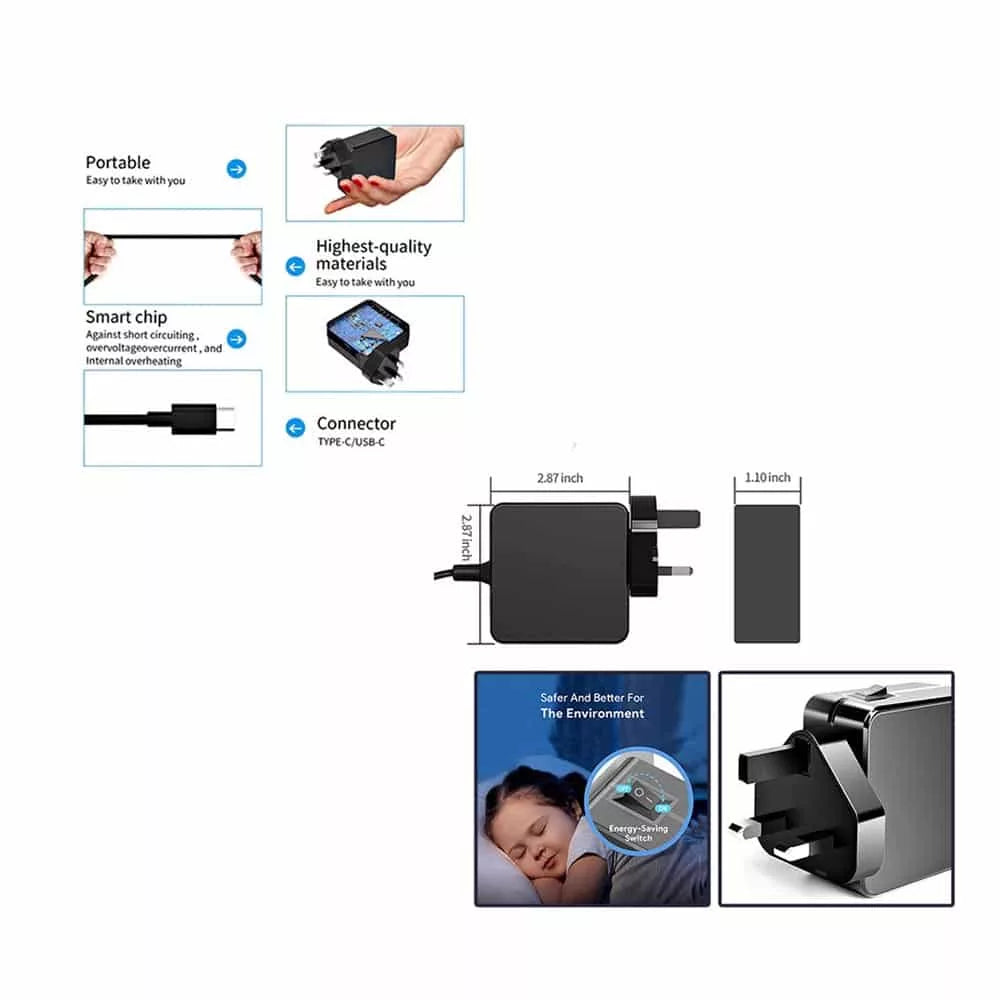 For Laptop, Macbook, Phone, Console 65W USB-C PD PC Power Adapter