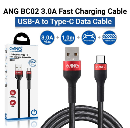 ANG BC02 Braided USB-C 1M 3.0A 60W USB Fast Charge / Sync Cable - Black
