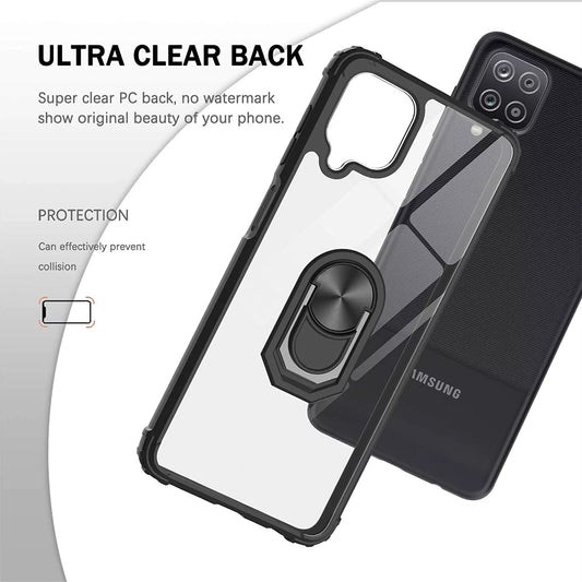 Samsung Galaxy A12 5G Crystal Clear Ring Stand Military Shockproof Case Tempered Glass