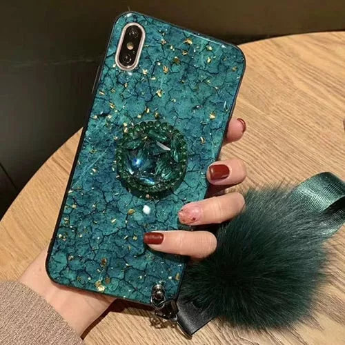 iPhone Marble Diamond Crystal Case With Pop Socket & Strap Pom Pom