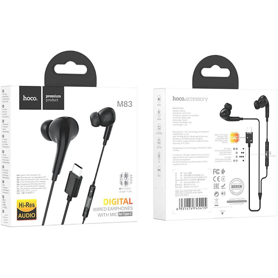 USB-C HOCO M83 Digital Wired Earphones With Mic - Black