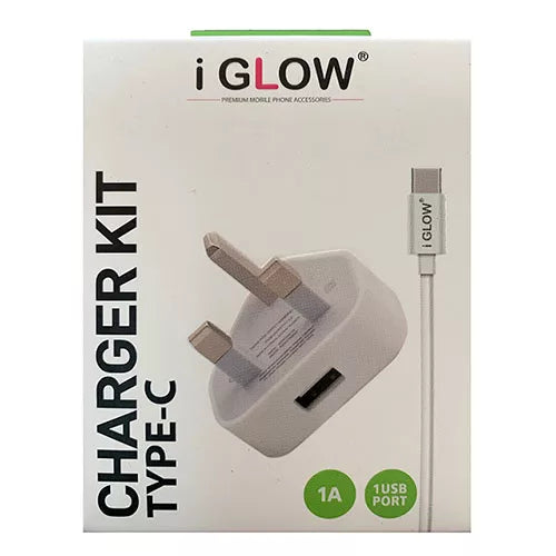 iGlow High Quality 1A USB Port Mains Charger & Type-C Cable