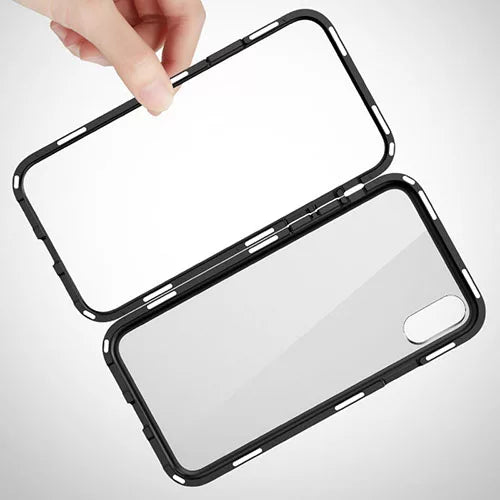 iPhone XR Magnetic Absorption Metal Case With Tempered Glass Back