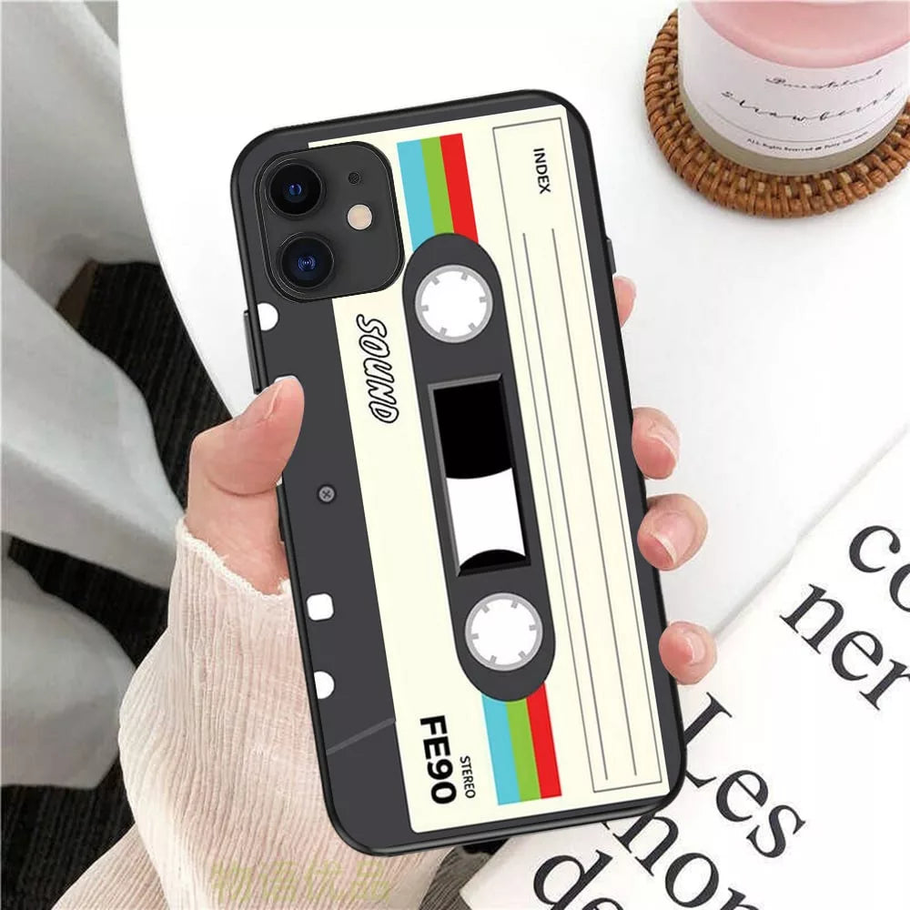 iPhone 15 All Models Retro Cassette Print Black TPU Case