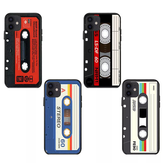For iPhone 15 All Models Black TPU Case With Retro Cassette Print