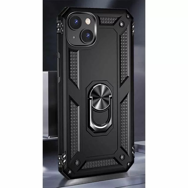 iPhone 15 Plus Hybrid Dual-Layer Armour Case With Magnetic Ring Stand – Black