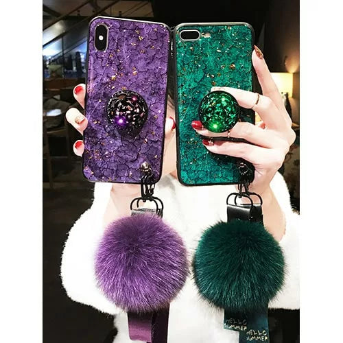 Marble Diamond Crystal Case With Pop Stand Strap Pom Pom For iPhone