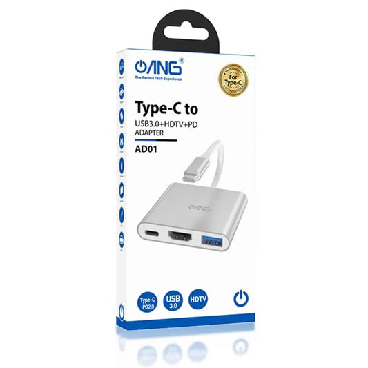 ANG AD01 USB-C To USB 3.0 + HDMI + USB-C PD2.0 3 in 1 Hub Adapter – Silver
