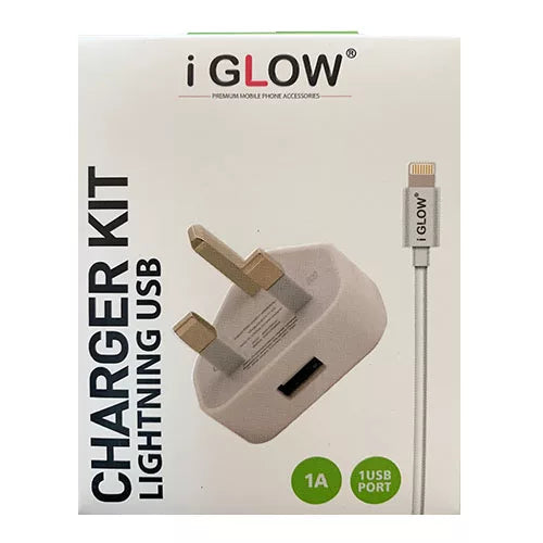 iGlow High Quality 1A USB Port Mains Charger & Lightning Cable