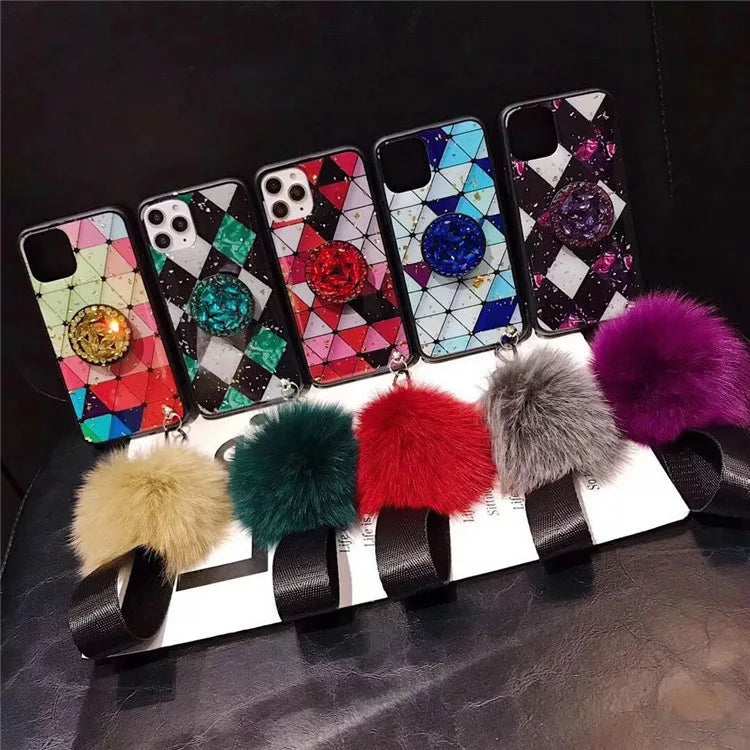 Marble Diamond Crystal Case With Pop Stand Strap Pom Pom For iPhone