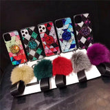 Marble Diamond Crystal Case With Pop Stand Strap Pom Pom For iPhone