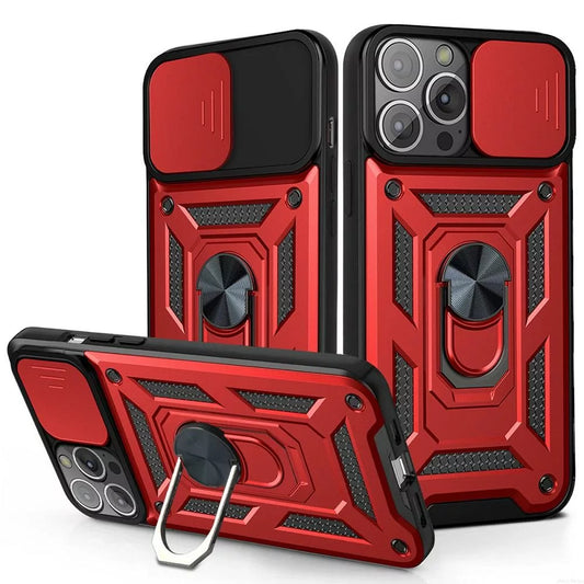 Hybrid Dual-Layer Armor Case Magnetic Ring Stand Camera Slide Cover For iPhone 13 Series