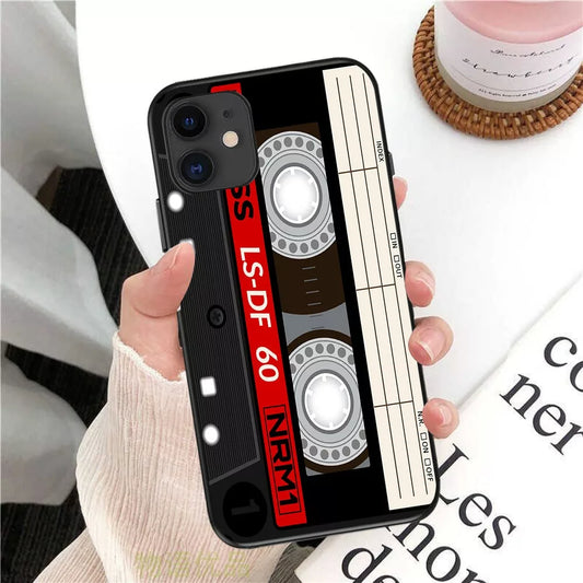 iPhone 15 All Models Retro Cassette Print Black TPU Case
