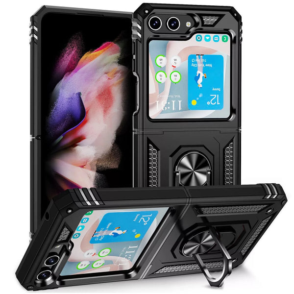 Samsung Galaxy Z Flip5 Dual-Layer Hybrid Armor Case With Magnetic Ring Stand